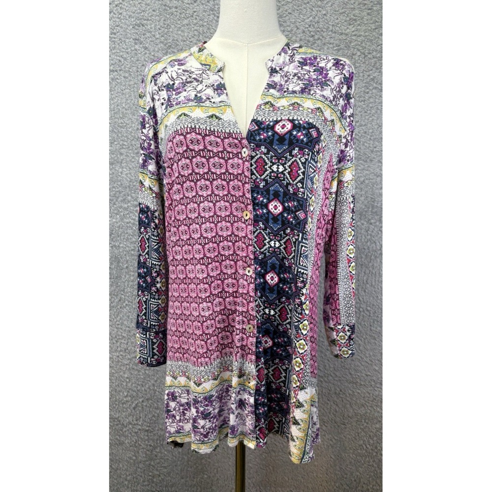 Parsley & Sage Women's M Longline Tunic Top Mixed Print Floral Button Boho Artsy